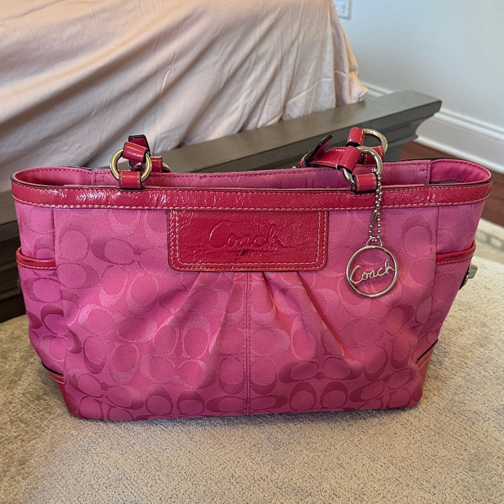 Y2K Coach Pink Signature Tote with Leather Trim